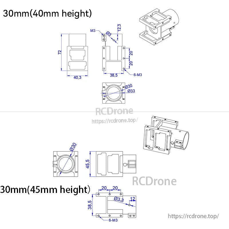 RJX Aluminum Alloy Center Plate Mount Holder, Technical drawing of RJX aluminum center plate mount holder for 30mm tube, showing 40mm and 45mm height options