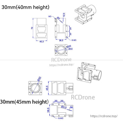 RJX Aluminum Alloy Center Plate Mount Holder, Technical drawing of RJX aluminum center plate mount holder for 30mm tube, showing 40mm and 45mm height options