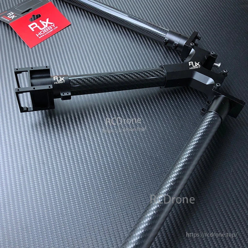 RJX Aluminum Alloy Center Plate Mount Holder, RJX Hobby aluminum alloy center plate mount holder attached to carbon fiber tubes with black clamp brackets