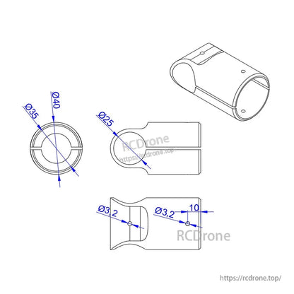Technical drawing of RJX aluminum tube adapter clamp with Ø35/Ø40 and Ø25 openings and Ø3.2 mounting holes
