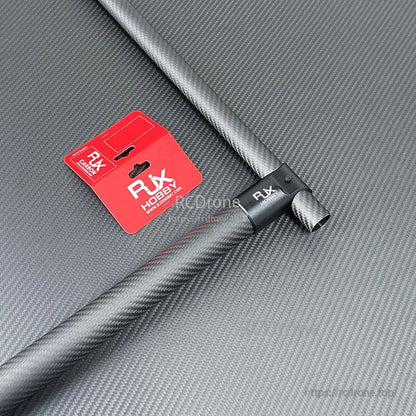 RJX Hobby aluminum tee landing gear connector clamping two carbon fiber tubes, black adapter with RJX logo
