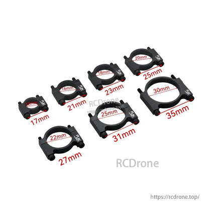 RJX aluminum alloy tube clamp clips for drone pipes, sizes 12–30mm with labeled outer widths
