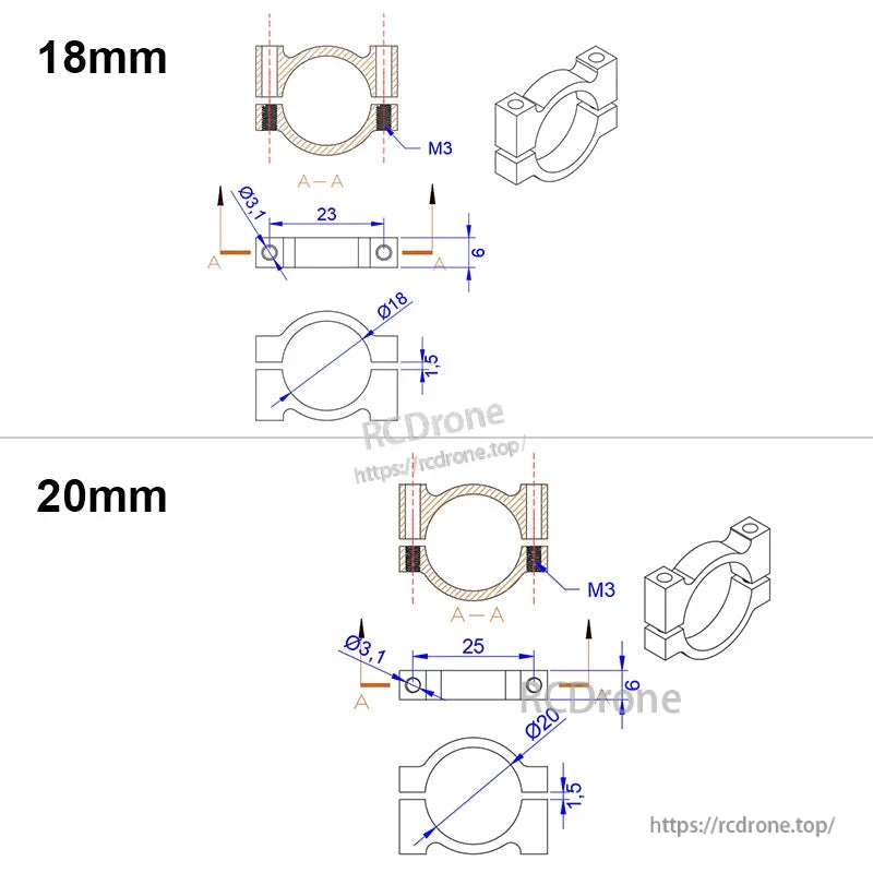 Technical drawing of aluminum tube clamp clip for 18mm and 20mm pipes with M3 screw and Ø3.1mm holes