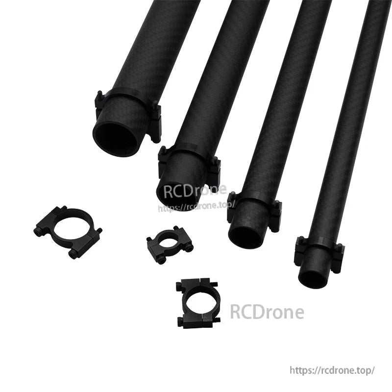 Tube clamp clips in multiple sizes fitted on carbon-fiber tubes, with extra split ring clamps for mounting
