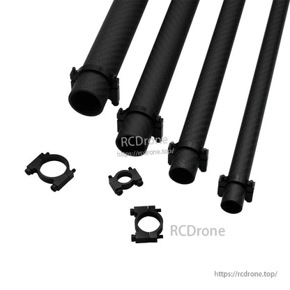 Tube clamp clips in multiple sizes fitted on carbon-fiber tubes, with extra split ring clamps for mounting
