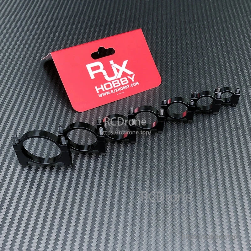 RJX Hobby black aluminum tube clamp clips with split-ring design and screw posts in multiple sizes