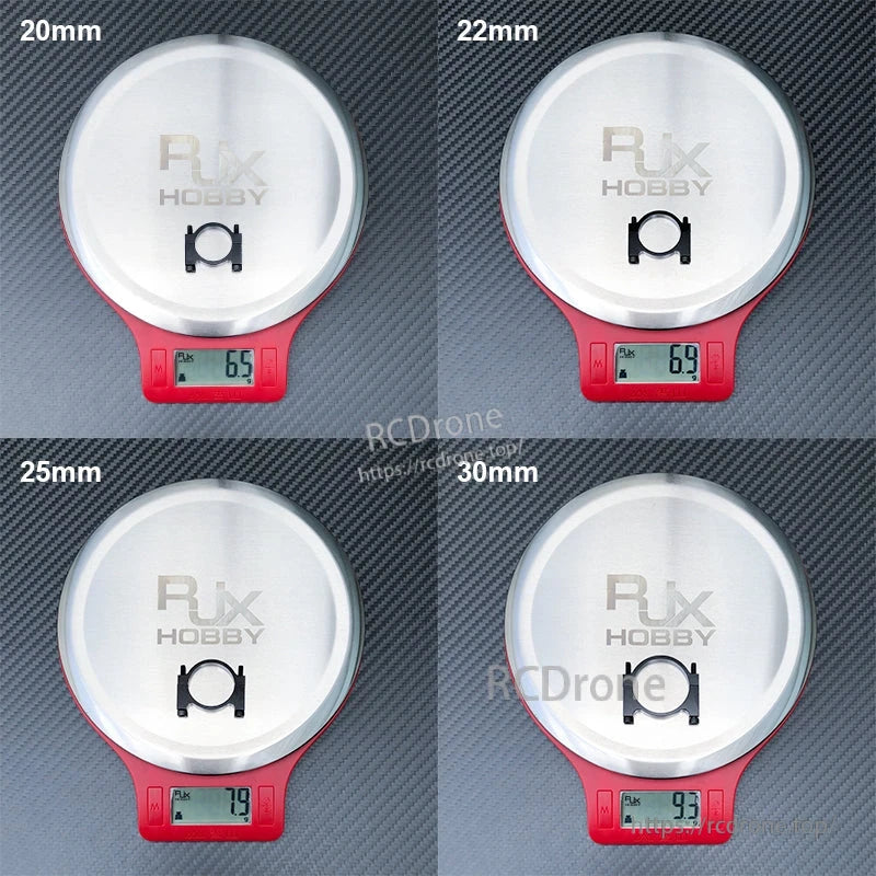 RJX aluminum tube clamp clip on a scale, showing weights for 20mm, 22mm, 25mm and 30mm sizes