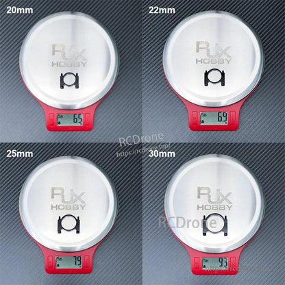 RJX aluminum tube clamp clip on a scale, showing weights for 20mm, 22mm, 25mm and 30mm sizes