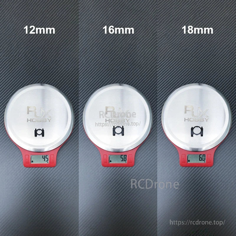RJX aluminum alloy tube clamp clip on a scale, showing approximate weights for 12mm, 16mm, and 18mm sizes