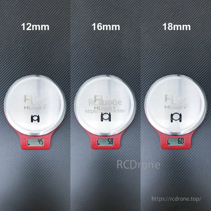 RJX aluminum alloy tube clamp clip on a scale, showing approximate weights for 12mm, 16mm, and 18mm sizes