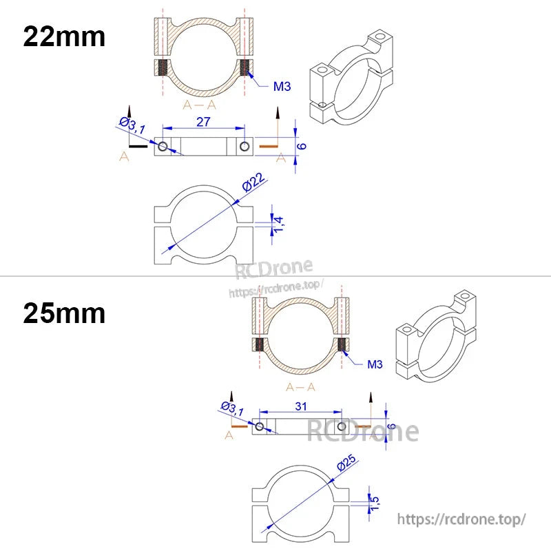 Technical drawing of aluminum tube clamp clip for 22mm or 25mm pipe, with M3 mounting holes and dimensions