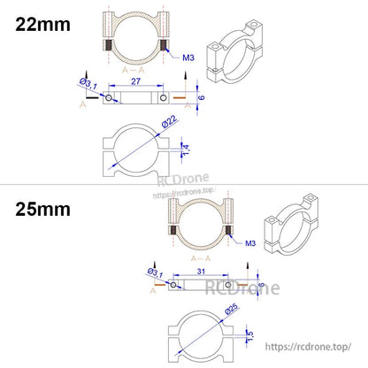 Technical drawing of aluminum tube clamp clip for 22mm or 25mm pipe, with M3 mounting holes and dimensions
