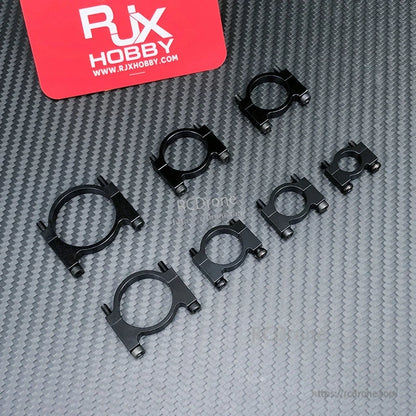 Black RJX aluminum alloy tube clamp clips with hex screws in multiple sizes for mounting on round pipes