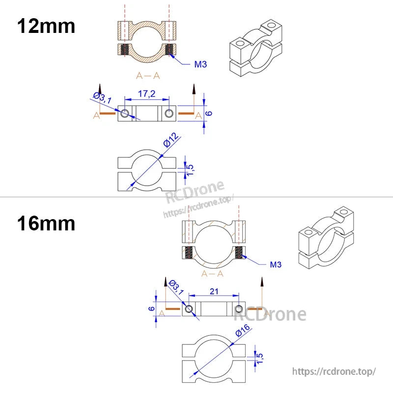 Technical drawing of RJX aluminum tube clamp clip with M3 holes, showing 12mm and 16mm pipe sizes and dimensions