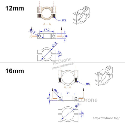 Technical drawing of RJX aluminum tube clamp clip with M3 holes, showing 12mm and 16mm pipe sizes and dimensions