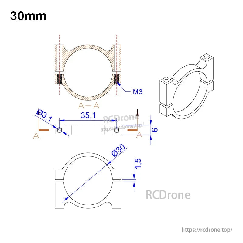Technical drawing of 30mm aluminum tube clamp bracket with M3 screw holes and 35.1mm mounting spacing