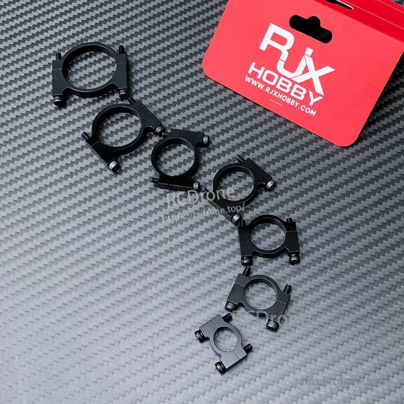 Set of RJX black aluminum alloy tube clamp clips with screws in assorted sizes for drone pipe mounting