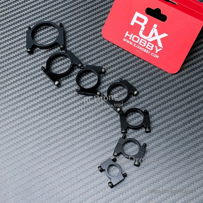 Set of RJX black aluminum alloy tube clamp clips with screws in assorted sizes for drone pipe mounting