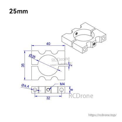 25mm aluminum tube clamp bracket drawing with two-piece pipe fixture, M4 holes, and 40x35mm dimensions