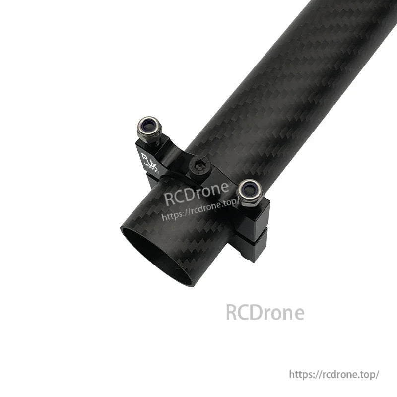 Black aluminum alloy tube clamp bracket with two mounting lugs fitted on a carbon fiber drone pipe