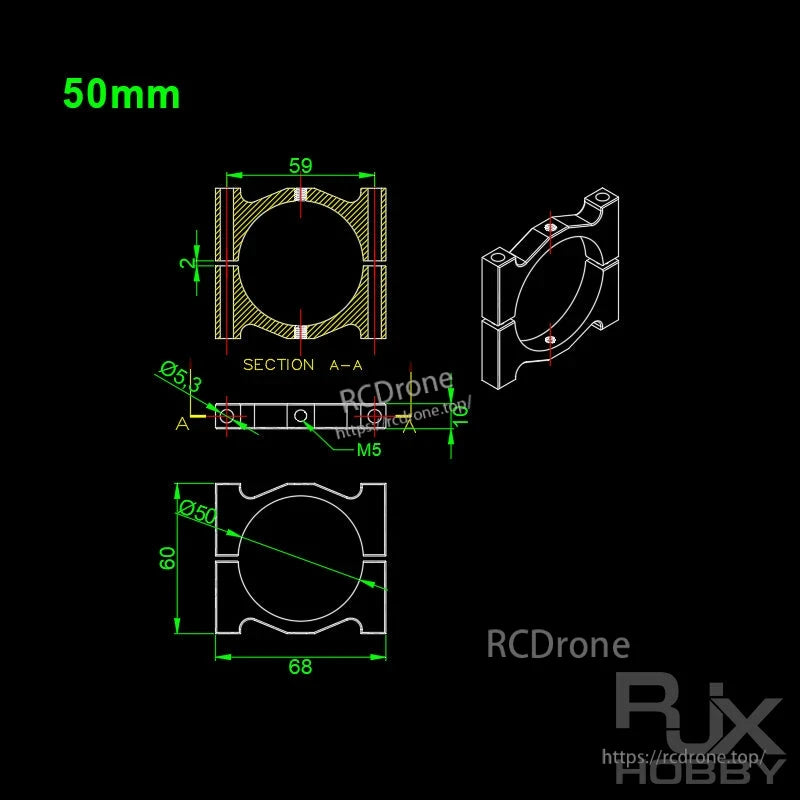 Technical drawing of 50mm aluminum tube clamp bracket with M5 mounting holes and key dimensions