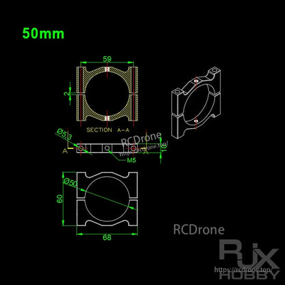 Technical drawing of 50mm aluminum tube clamp bracket with M5 mounting holes and key dimensions
