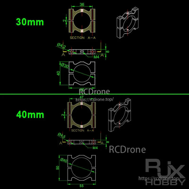 Technical drawing of RJX aluminum tube clamp bracket for UAV drone, 30mm and 40mm sizes with M4 mounting holes