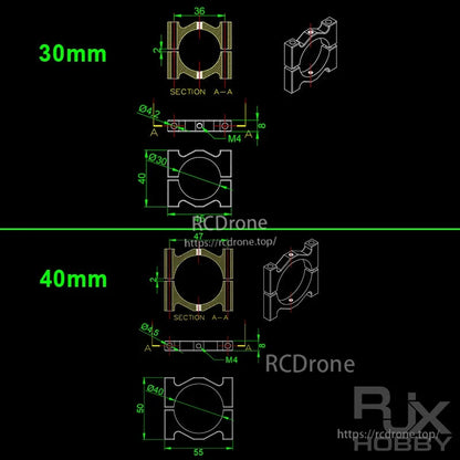 Technical drawing of RJX aluminum tube clamp bracket for UAV drone, 30mm and 40mm sizes with M4 mounting holes