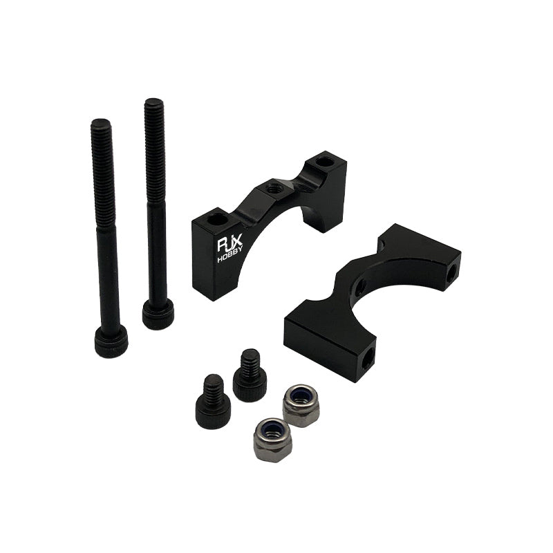 RJX black aluminum alloy tube clamp bracket set with two clamp halves, bolts, and lock nuts for UAV drone frames