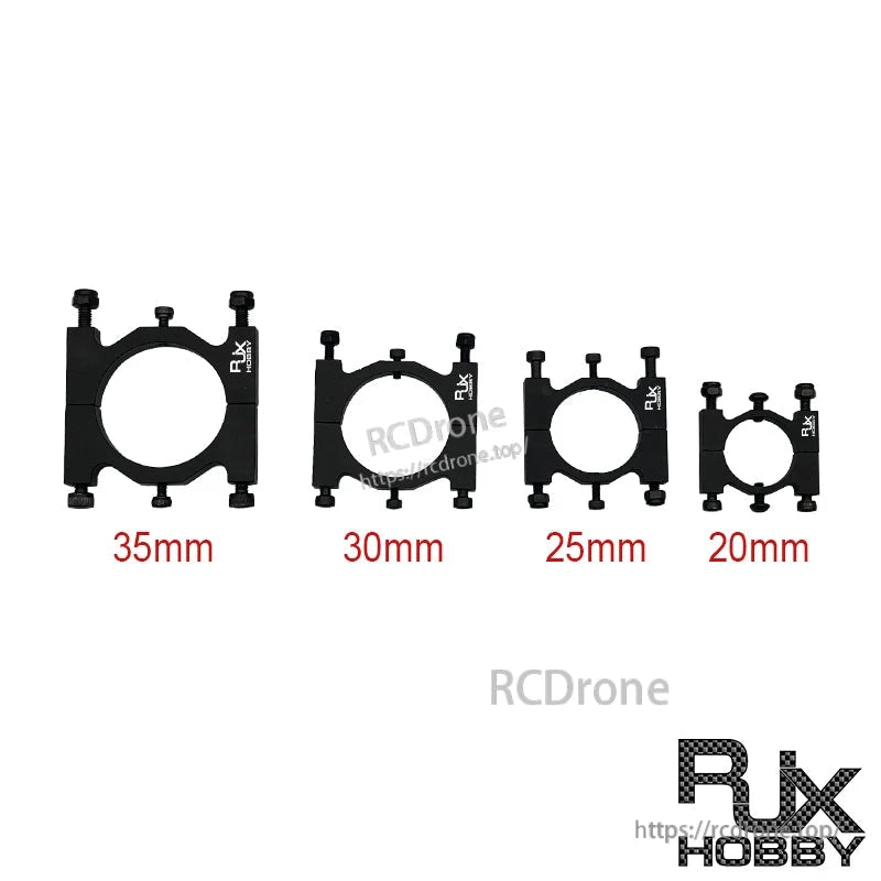 RJX Hobby aluminum alloy tube clamp fixture clip in black, shown in 20mm, 25mm, 30mm and 35mm sizes
