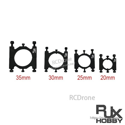 RJX Hobby aluminum alloy tube clamp fixture clip in black, shown in 20mm, 25mm, 30mm and 35mm sizes