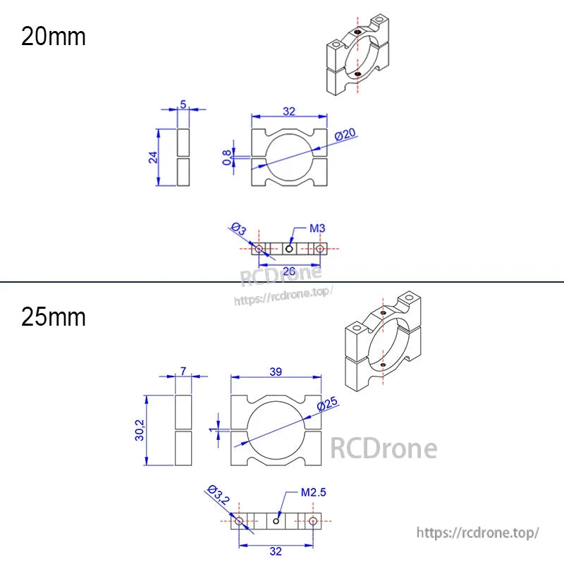Dimension drawing of aluminum tube clamp bracket, 20mm and 25mm inner diameter versions with mounting hole specs
