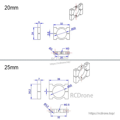 Dimension drawing of aluminum tube clamp bracket, 20mm and 25mm inner diameter versions with mounting hole specs