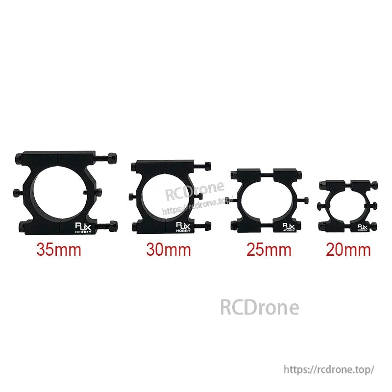 RJX Hobby black aluminum tube clamp brackets in 20mm, 25mm, 30mm and 35mm sizes with bolt mounts