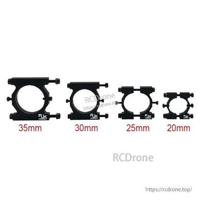 RJX Hobby black aluminum tube clamp brackets in 20mm, 25mm, 30mm and 35mm sizes with bolt mounts