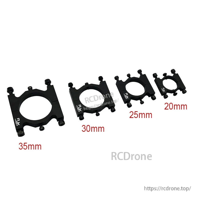 Black aluminum alloy tube clamp fixture clips labeled 35mm, 30mm, 25mm and 20mm diameters