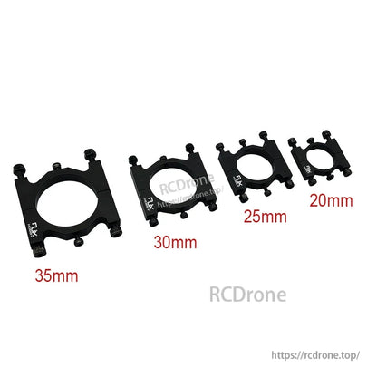 Black aluminum alloy tube clamp fixture clips labeled 35mm, 30mm, 25mm and 20mm diameters