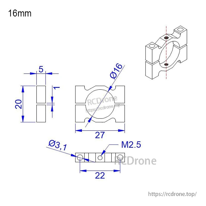 Technical drawing of a 16mm aluminum tube clamp bracket with 27mm width, 20mm height, and M2.5 holes