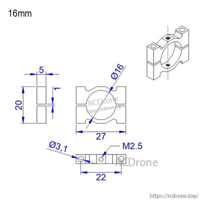 Technical drawing of a 16mm aluminum tube clamp bracket with 27mm width, 20mm height, and M2.5 holes
