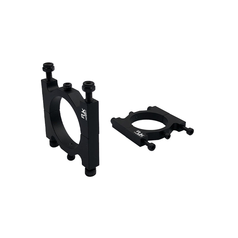 Black RJX aluminum alloy split tube clamp fixture with adjustable screws, shown as two clamp pieces