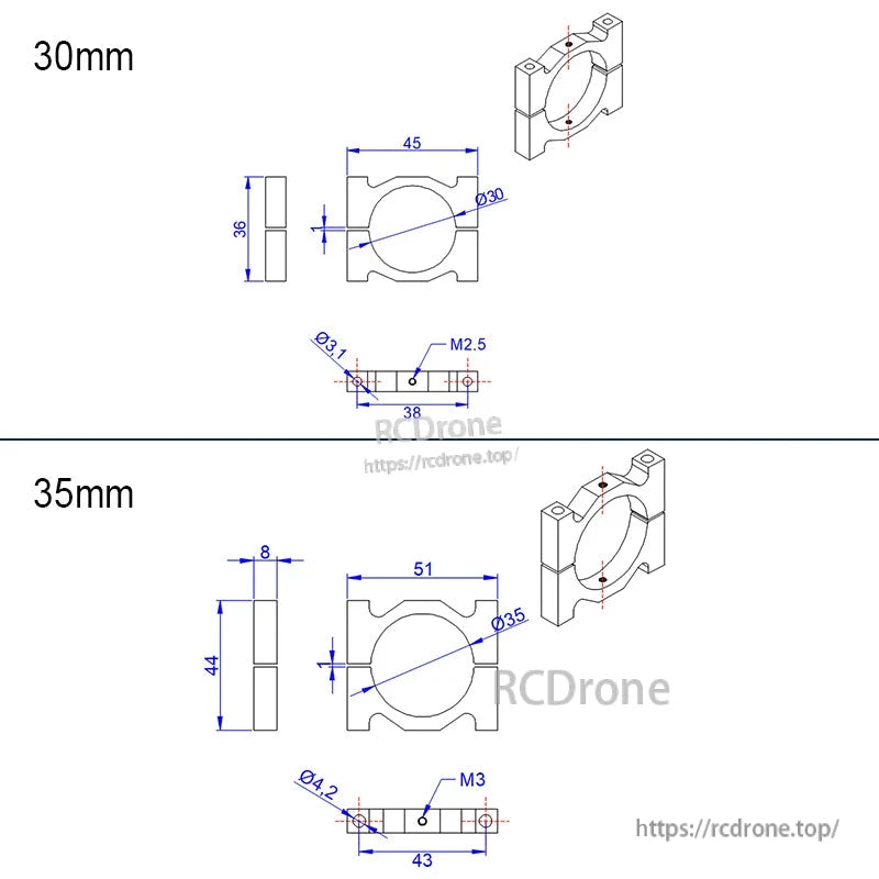 Technical drawing of aluminum tube clamp bracket with 30mm and 35mm inner diameters and mounting hole sizes