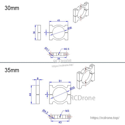 Technical drawing of aluminum tube clamp bracket with 30mm and 35mm inner diameters and mounting hole sizes
