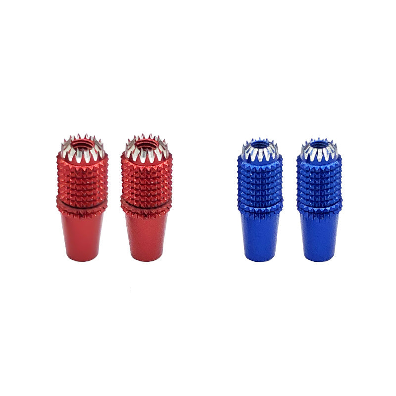 RJX aluminum gimbal thumb stick caps with knurled grip, two red and two blue pieces on white background