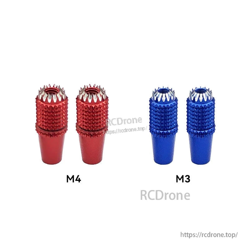 RJX aluminum gimbal thumb sticks with textured grip, showing M4 red pair and M3 blue pair thread sizes