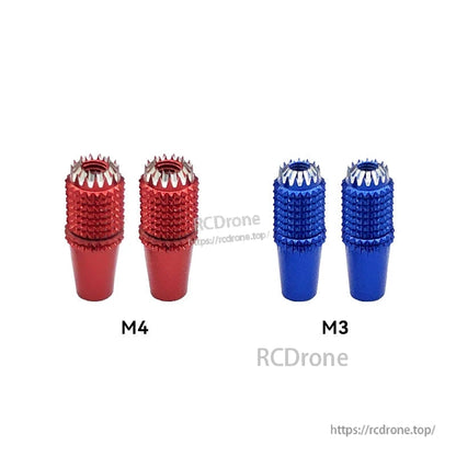 RJX aluminum gimbal thumb sticks with textured grip, showing M4 red pair and M3 blue pair thread sizes