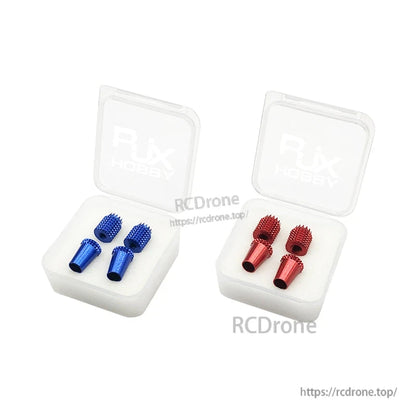 RJX aluminum gimbal thumb stick set in red and blue, knurled stick tops and bases in plastic cases