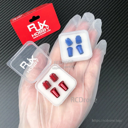 RJX aluminum gimbal thumb stick caps in red and blue, knurled grips in small plastic cases with RJX Hobby packaging