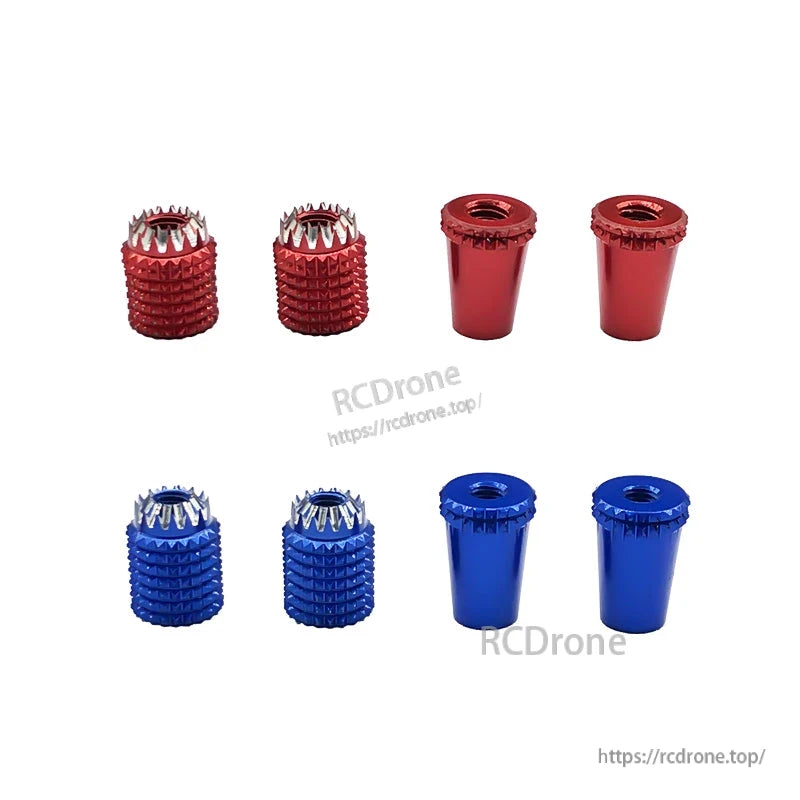 RJX aluminum gimbal thumb stick set with textured red and blue grips and cone-style ends