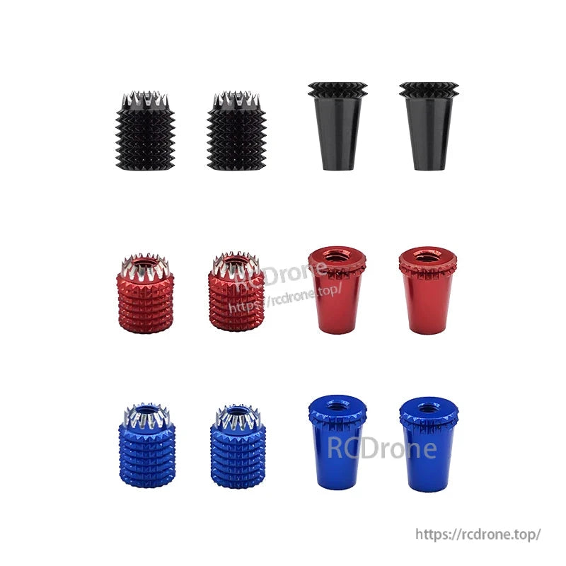 RJX aluminum gimbal thumb stick set with knurled grips and caps in black, red, and blue