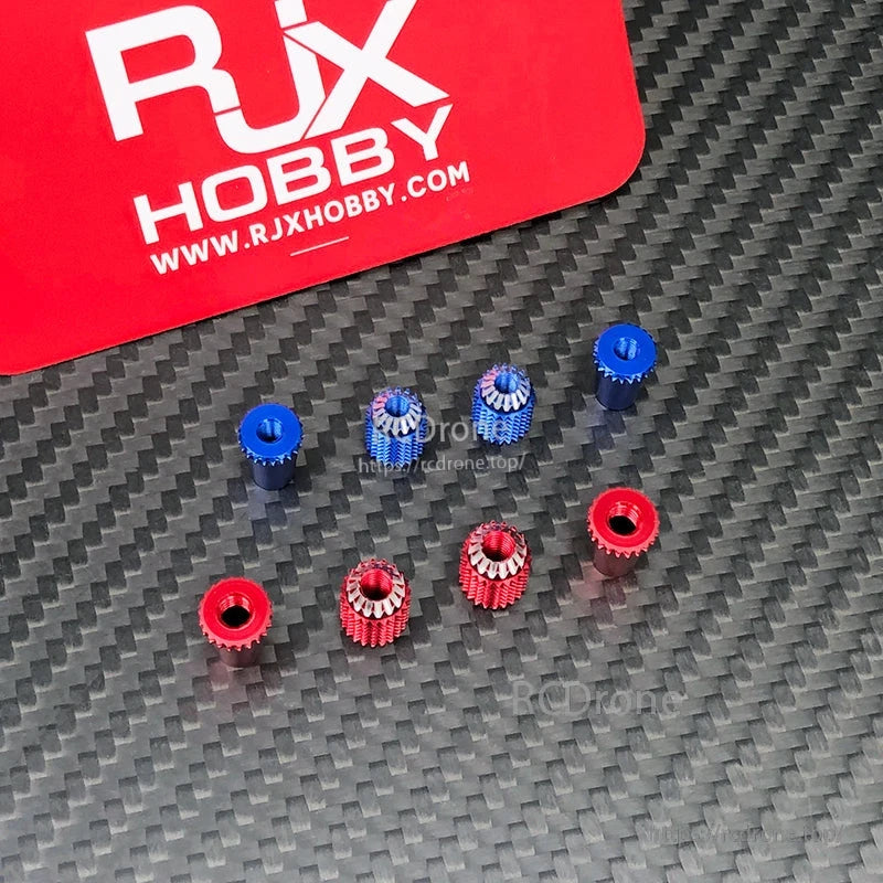 Red and blue RJX aluminum gimbal thumb sticks with knurled grip and slotted tops for RC transmitters